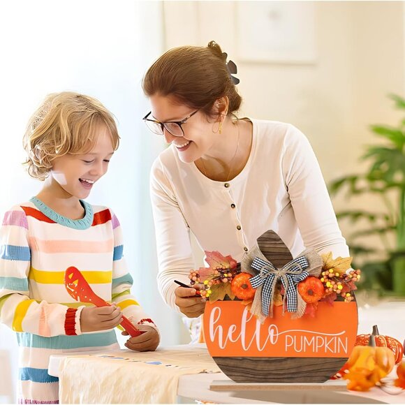 Wooden Hello Pumpkin Sign - Fall Tabletop Decor, Harvest Thanksgiving Decoration - Picture 6 of 6